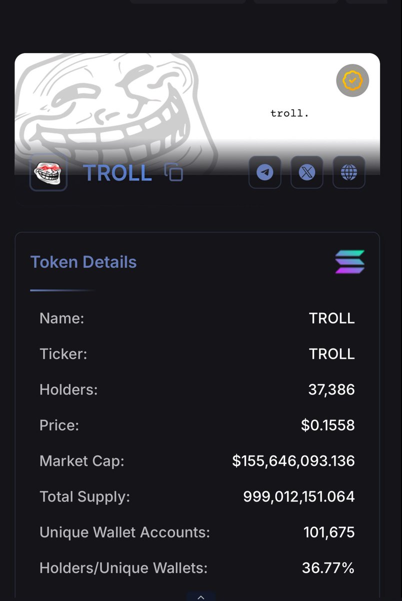 The velocity at which we are adding new trollders is fuckin INSANE

Up to 37.3k now.

Every dip people cant wait to join the movement.

Make ACTUAL memes great again.

$Troll is the one.