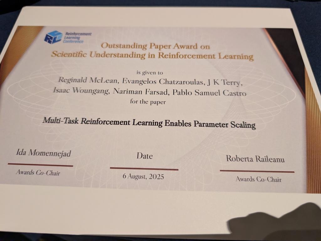 Pablo Samuel Castro (@pcastr) on Twitter photo Very honoured that our paper was granted an outstanding paper award for scientific understanding in RL during the <a href="/RL_Conference/">RL_Conference</a> banquet!
Reggie and Evangelos deserve the bulk of the credit, so congrats to them and all the other awards winners! Very honoured that our paper was granted an outstanding paper award for scientific understanding in RL during the <a href="/RL_Conference/">RL_Conference</a> banquet!
Reggie and Evangelos deserve the bulk of the credit, so congrats to them and all the other awards winners!