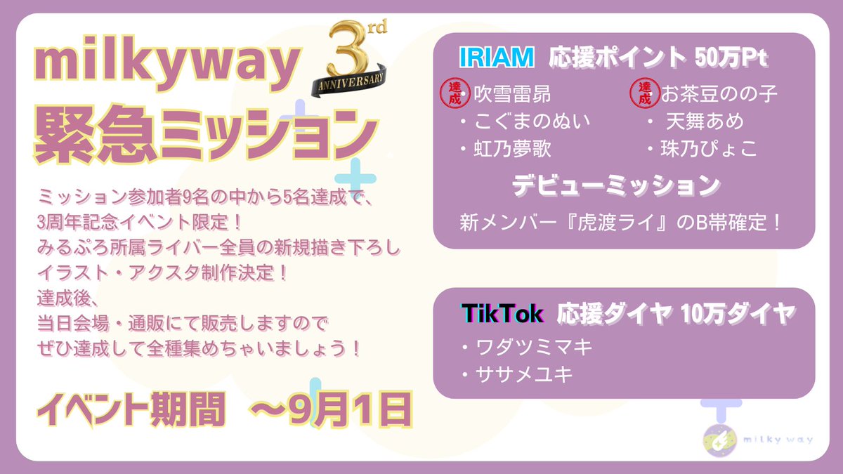 milky way 🕊🌌🤍IRIAMライバー事務所 (@milkywayvirtual) on Twitter photo 【お知らせ】
メンバーがそれぞれの活動プラットフォームにて目標を立てました!
参加者9名のうち5名達成で
『3周年記念イベント限定!描き下ろしイラスト』を全員分制作します!
各目標は画像をご覧ください
イラストは3期生お茶豆のの子(<a href="/ochamanonoko/">お茶豆のの子🎀🫘❤️ྀི9/7プラ6</a>)が担当🎀🫘
皆様応援よろしくお願いします 【お知らせ】
メンバーがそれぞれの活動プラットフォームにて目標を立てました!
参加者9名のうち5名達成で
『3周年記念イベント限定!描き下ろしイラスト』を全員分制作します!
各目標は画像をご覧ください
イラストは3期生お茶豆のの子(<a href="/ochamanonoko/">お茶豆のの子🎀🫘❤️ྀི9/7プラ6</a>)が担当🎀🫘
皆様応援よろしくお願いします