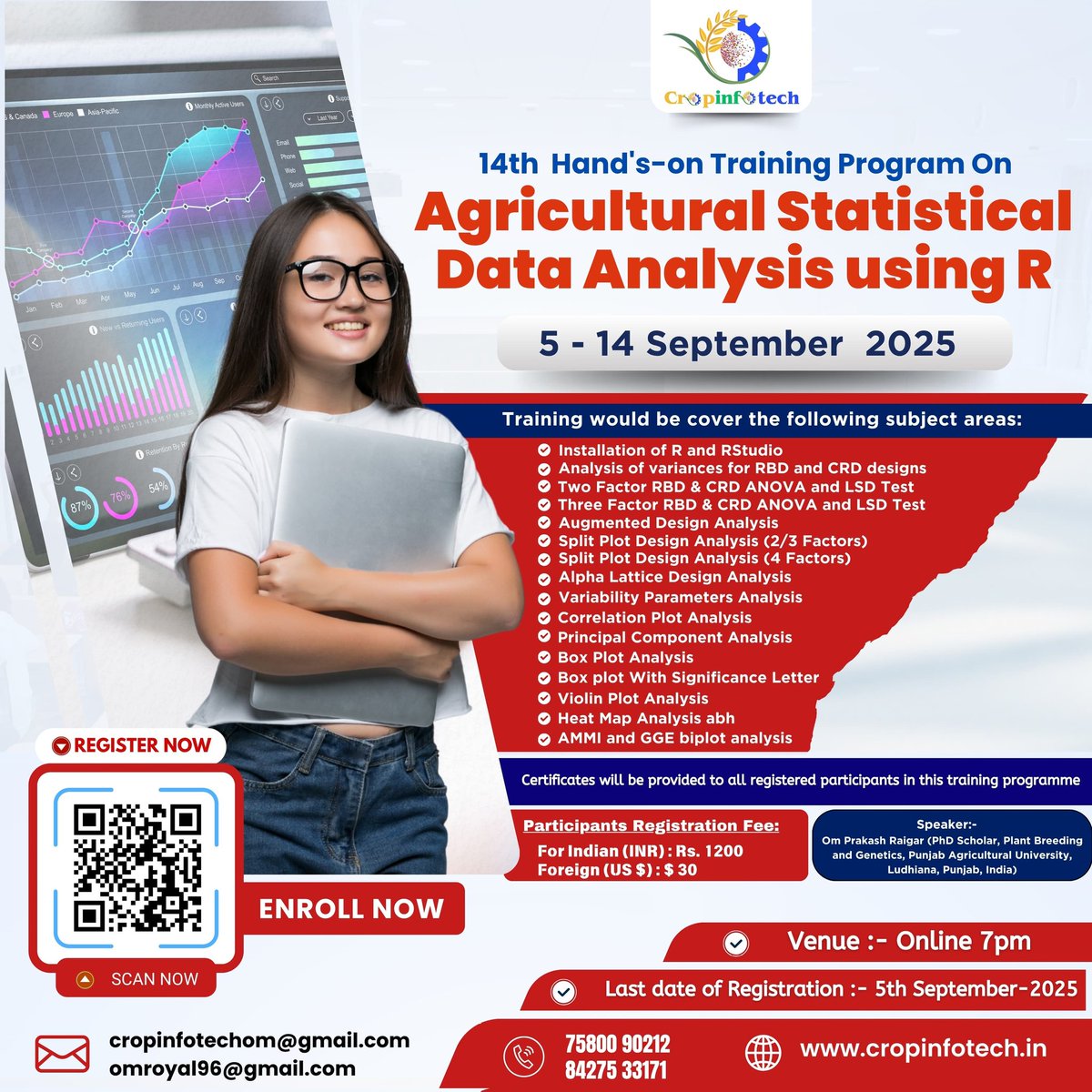 Register Now :- cropinfotech.in

 #CropInfotech #RProgramming #DataAnalysis #AgriResearch #OnlineTraining #StatisticalAnalysis #ResearchTools #RStats #PCA #GGEbiplot #DataVisualization #AgriScience #CertificateCourse #LinkedInLearning #ResearchSupport #September2025