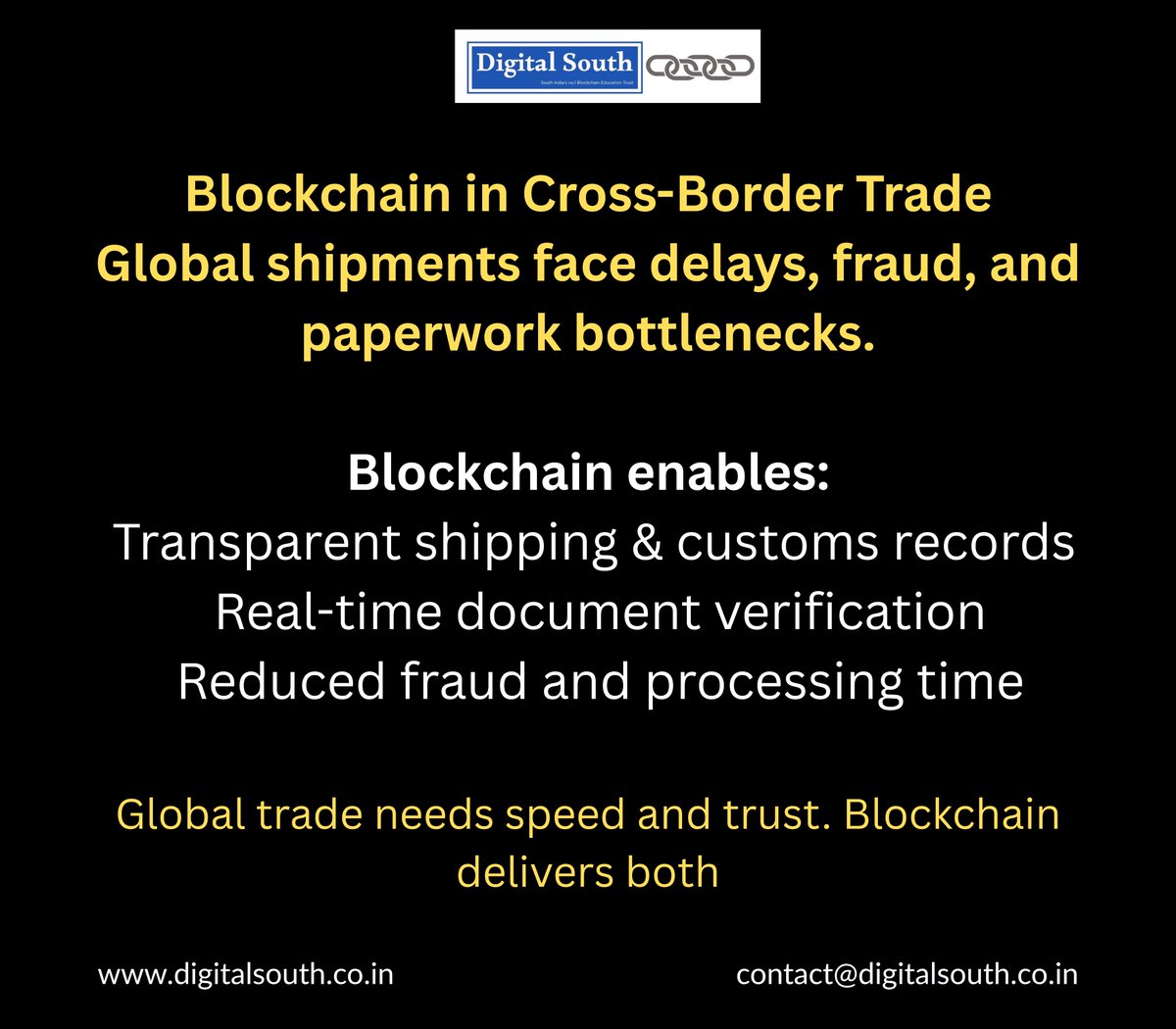 DigitalSouth12's tweet image. Blockchain is revolutionizing global trade by eliminating delays, fraud, and paperwork chaos.

#BlockchainInTrade  #CrossBorderSolutions  #SmartLogistics  #Web3SupplyChain #DigitalTrade #BlockchainForBusiness #GlobalShipping #Blockchain #Education #Colleges
