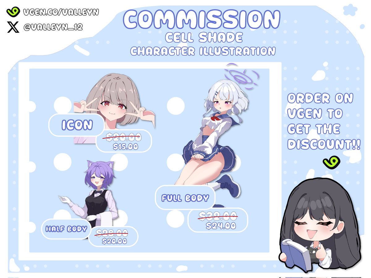 (Repost are very appreciated)
Hello everyone, i'm opening art commission. my portofolio is on my profile ✨🤍

If you're interested, feel free to ask me on dm or discord^^
OTHER SERVICES ON VGEN!!! : vgen.co/Valleyn 

#VGenComms #commissionsopen