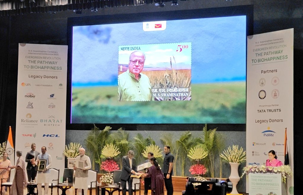 mssrf's tweet image. As part of the birth centenary celebrations of Prof. M.S. Swaminathan, the commemorative coin and postage stamp were officially launched by Hon’ble Prime Minister @narendramodi.

These tributes honour the Father of India’s Green Revolution, whose pioneering work transformed…