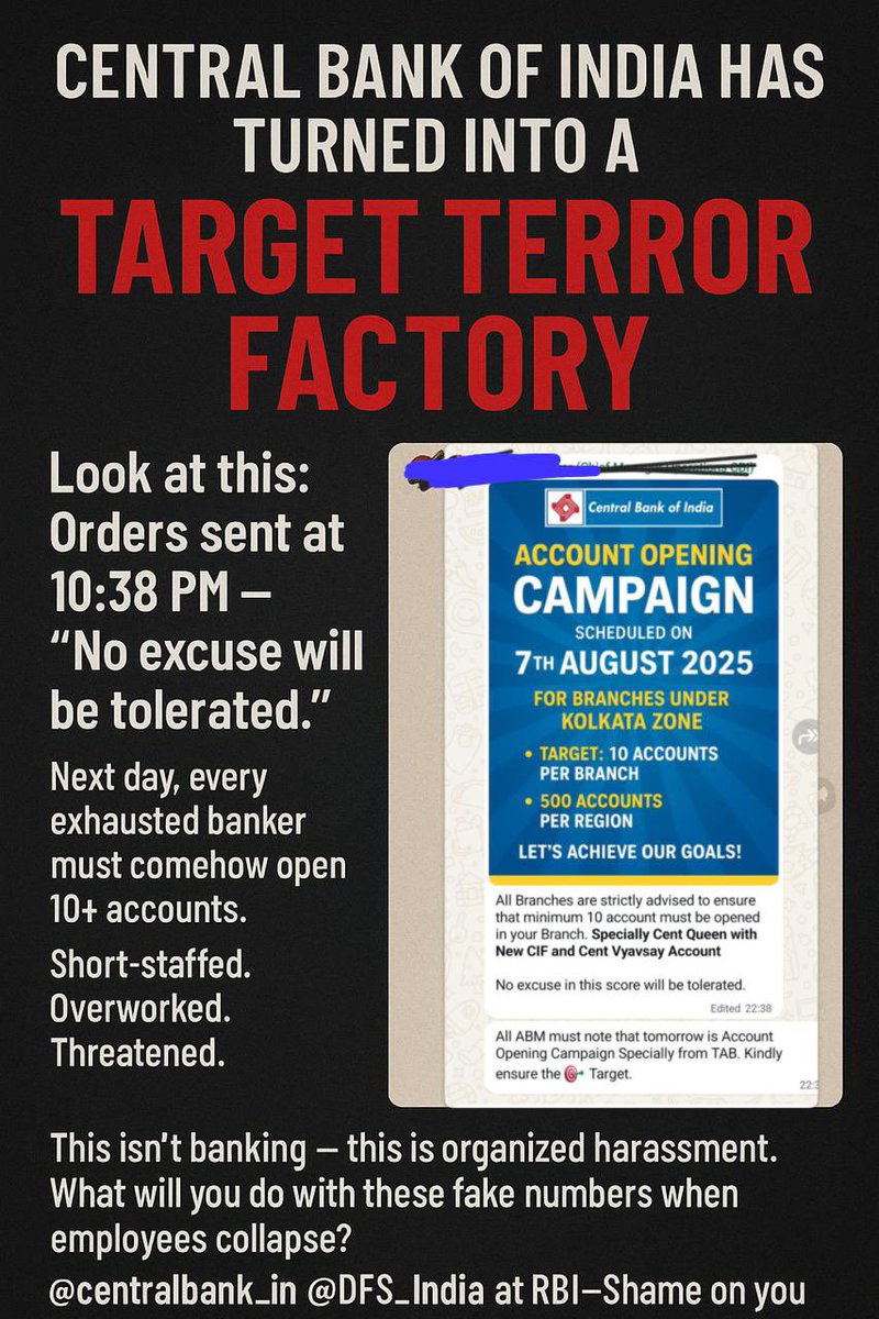 iNitinTyagi's tweet image. Central Bank of India has turned into a Target Terror Factory.
💔Heartbreaking message from staff
Look at this reality of #CBI
> Orders sent at 10:38 PM - No excuse will be tolerated.
> Next day, every exhausted banker must somehow open 10+ accounts.
> Short-staffed.…