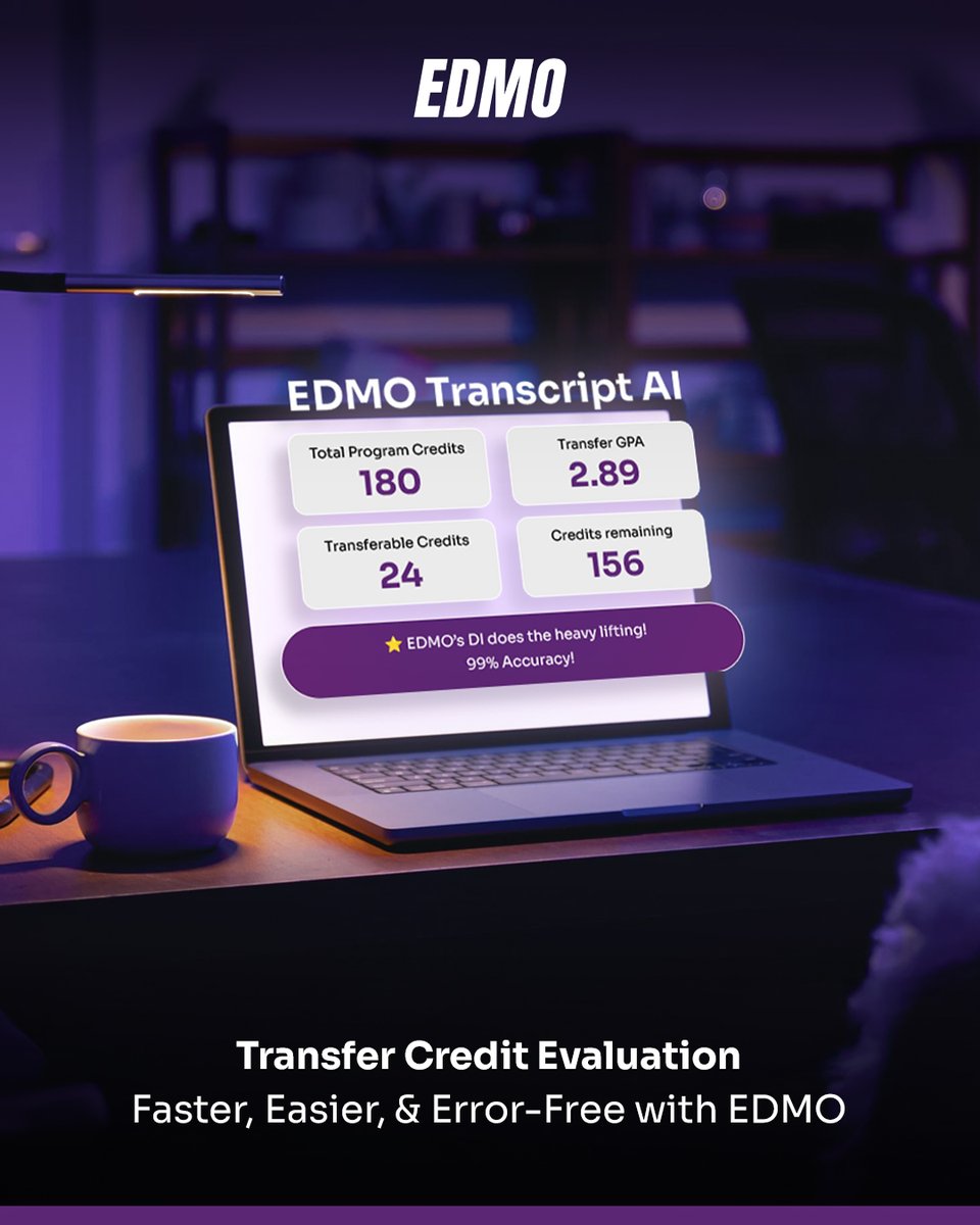 Transfer Credit Evaluation = make-or-break moment for enrollments.

With EDMO’s Document Intelligence, automate credit mapping &amp; slash evaluation time from weeks to just days—with precision.

Faster for students. Easier for staff.

#HigherEd #EdTech #Admissions #AIinEducation