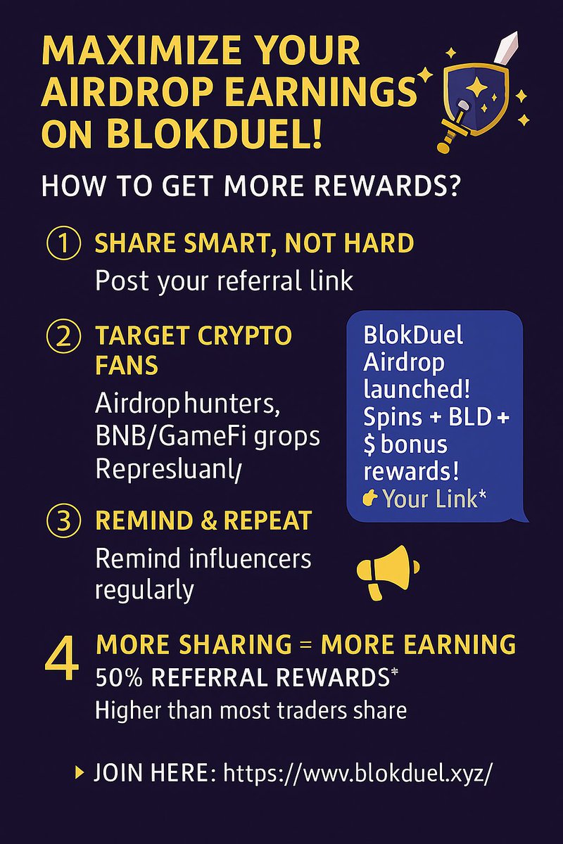 🚀 How to Maximize Your Airdrop Earnings on BlokDuel!
Want to earn more BLD, USDT, and bonus spins? Follow this strategy

1️⃣ Grab Your Referral Link
Head to: blokduel.xyz/airdrop
Click “Invite Friends” and copy your unique link.

2️⃣ Share Smart, Not Hard
🎯 Post on Twitter,
