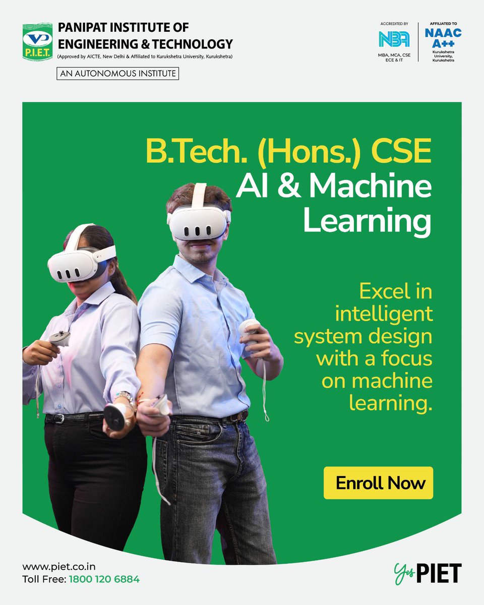 PIETPanipat's tweet image. 🚀 Step into the future with a degree that redefines possibilities!
Join our B.Tech. (Hons.) in CSE - AI &amp;amp; Machine Learning and excel in intelligent system design.
👉 Enroll now and lead the AI revolution!

#AI #MachineLearning #BTechCSE #FutureReady