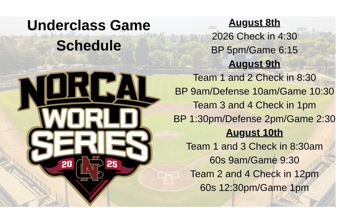 Looking forward to competing in the NorCal World Series Underclass Games this weekend. I will be playing for Team 1. I am scheduled to pitch on Sunday.

Saturday - Game at 10:30 am

Sunday - Game at 9:30 am

Thank you <a href="/NorCalU1/">NorCalU</a> and <a href="/NorCalBaseball/">Tony Crivello</a>  for this opportunity!