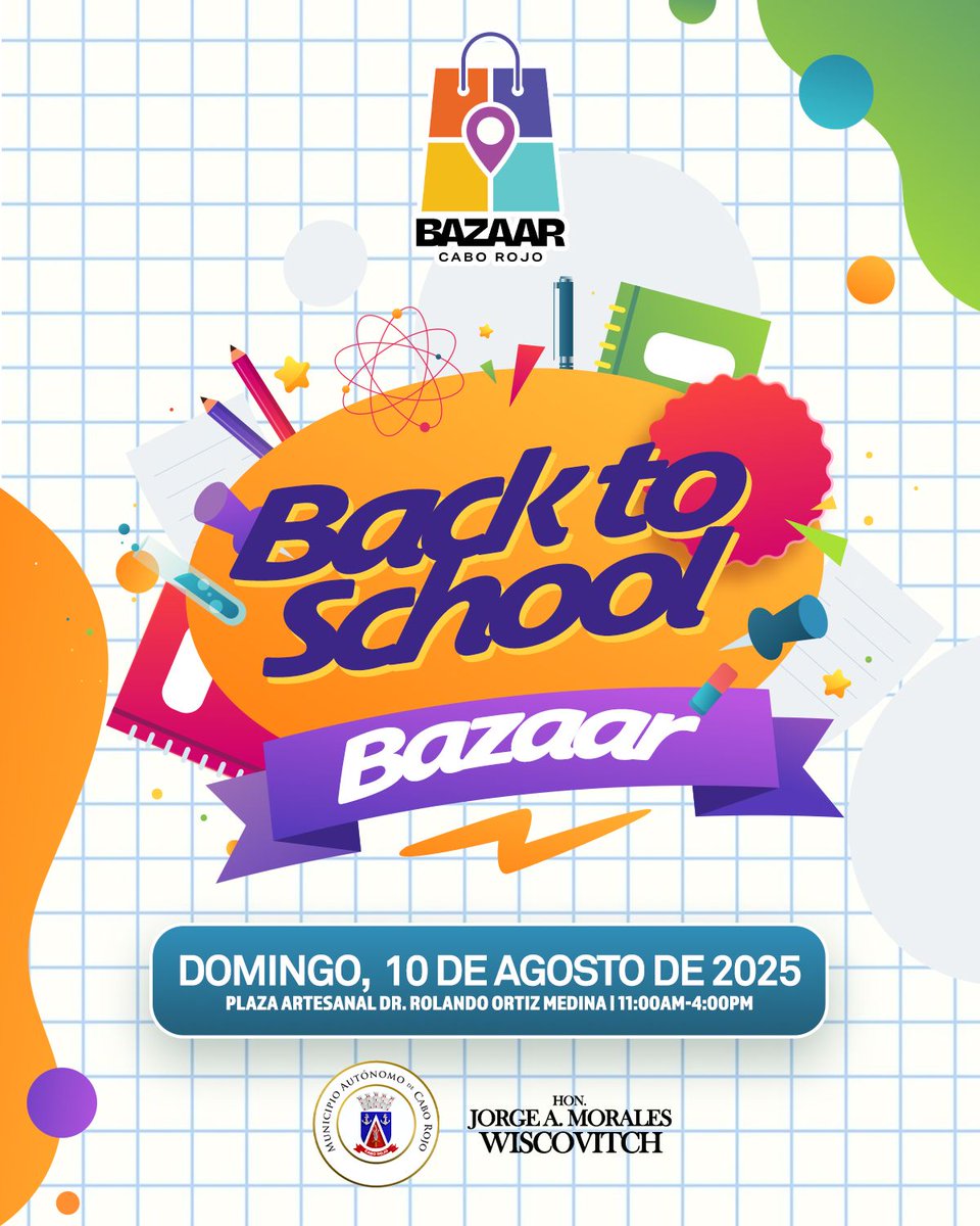 🎒✏ ¡El regreso a clases se celebra en grande en Cabo Rojo!
Te esperamos este domingo, 10 de agosto de 2025 en nuestro 𝐁𝐚𝐜𝐤 𝐭𝐨 𝐒𝐜𝐡𝐨𝐨𝐥 𝐁𝐚𝐳𝐚𝐚𝐫 en la Plaza Artesanal Dr. Rolando Ortiz Medina desde las 11:00 AM hasta las 4:00 PM.
Apoya a nuestros artesanos y