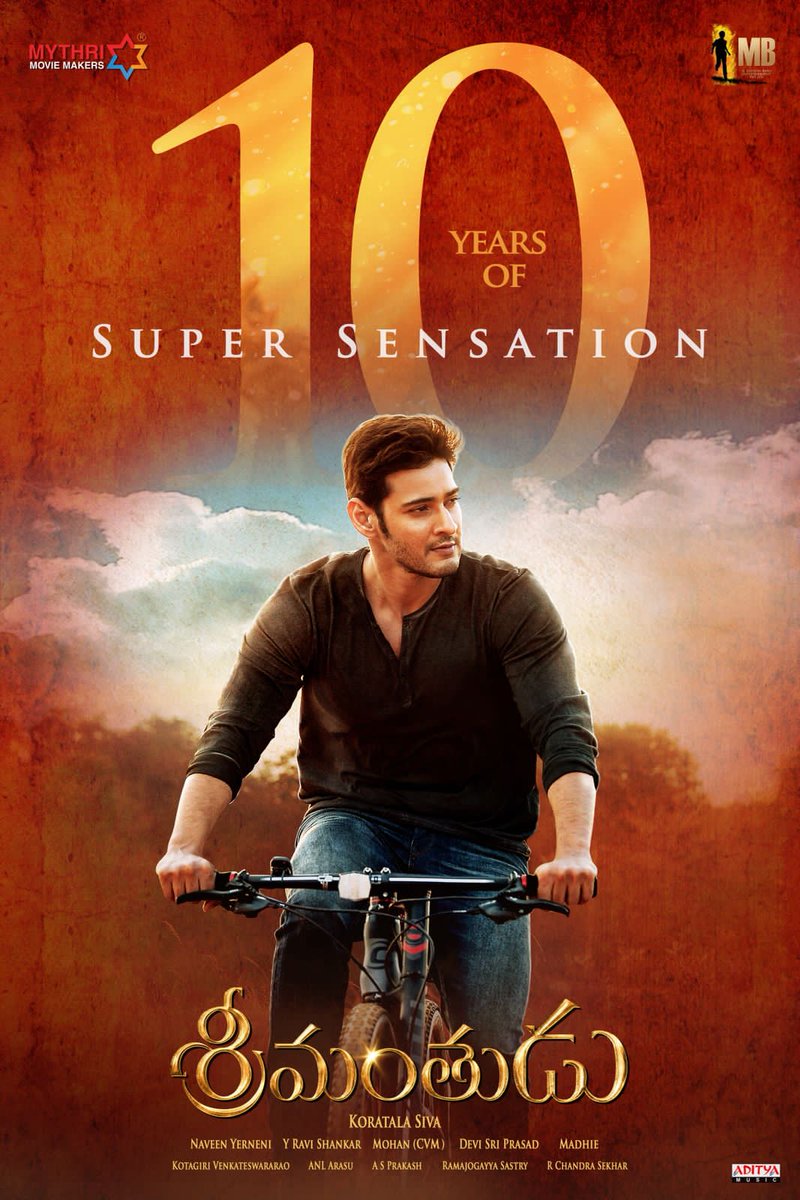 Milagro Movies (@milagromovies) on Twitter photo It is 10 years since the blockbuster #Srimanthudu released, marking the beginning of <a href="/MythriOfficial/">Mythri Movie Makers</a> ❤🔥
#Srimanthudu is hailed as one of the finest films with Superstar @UrsTrulyMahesh and Blockbuster Director #KoratalaSiva at their best.
Over the last decade, Mythri Movie It is 10 years since the blockbuster #Srimanthudu released, marking the beginning of <a href="/MythriOfficial/">Mythri Movie Makers</a> ❤🔥
#Srimanthudu is hailed as one of the finest films with Superstar @UrsTrulyMahesh and Blockbuster Director #KoratalaSiva at their best.
Over the last decade, Mythri Movie