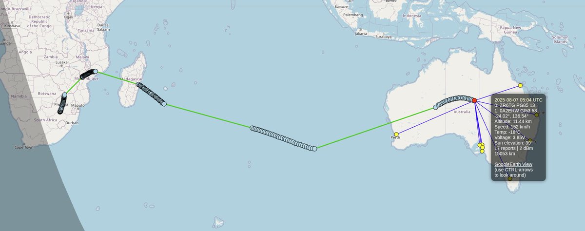 Tom (ZR6TG) (@geekc0der) on Twitter photo G'Day Australia! πZR6TG Balloon woke up again on Day 5 after a 3000km trip in the dark. A 12000km journey so far! Telemetry looks good and its pinging all the Aus WSPR stations.
<a href="/vk5qi/">Mark Jessop - @vk5qi@cloudisland.nz</a>
#amateurradio #hamradio #hamr #raspberrypico #hab G'Day Australia! πZR6TG Balloon woke up again on Day 5 after a 3000km trip in the dark. A 12000km journey so far! Telemetry looks good and its pinging all the Aus WSPR stations.
<a href="/vk5qi/">Mark Jessop - @vk5qi@cloudisland.nz</a>
#amateurradio #hamradio #hamr #raspberrypico #hab