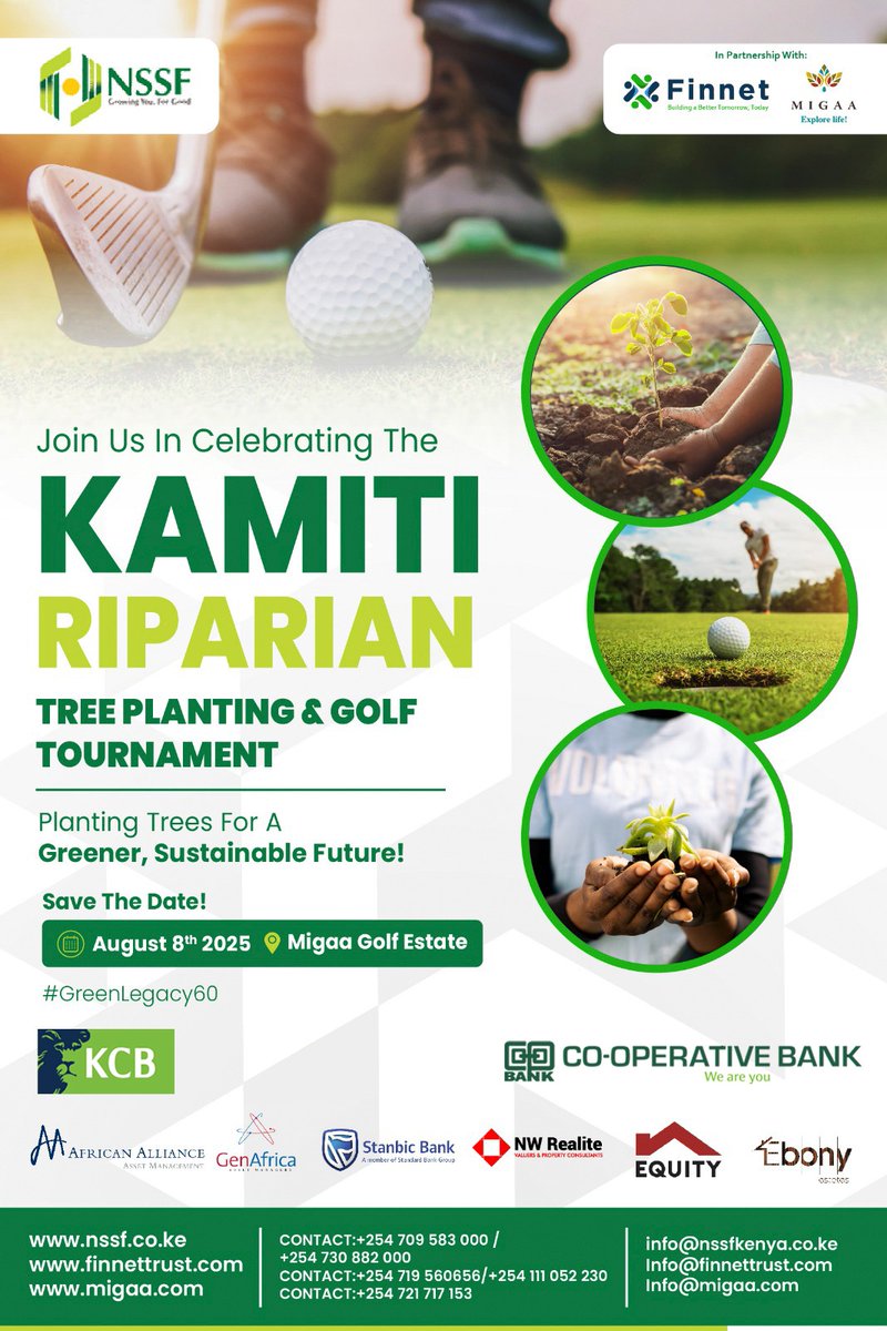 MigaaGolfEstate's tweet image. 1 Day Left! Prepare to join the Kamiti Riparian Tree Planting &amp;amp; Golf Tournament – where eco-friendliness meets the golf swing! 📅 Date: August 8th, 2025 📍 Location: Migaa Golf Estate.
migaa.com/celebrating-th…

#TreePlantingDay #GolfForNature #MigaaGolf