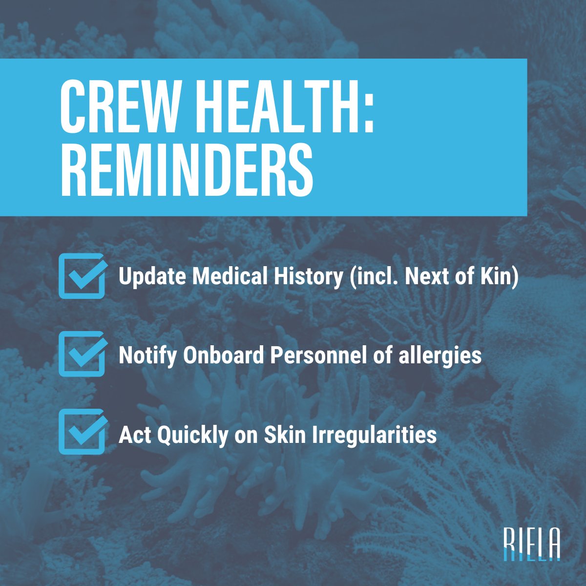Your health at sea matters. 🌊⚓

Stay shipshape by keeping your medical history updated, alerting crew to allergies, and acting fast on any skin concerns. Safe crew, smooth sailing! 

#CrewWellness #SafetyAtSea #RielaYachts