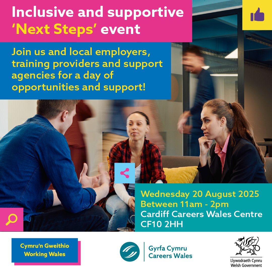 Aged 16-25 and feeling unsure about what’s next after school or college? 🤔

Come along to our supportive and inclusive ‘Next Steps’ event in #Cardiff 👣

📅 Wednesday 20 August, Cardiff Careers Wales Centre
🕑 11am-2pm 

Register at: ow.ly/HJ1L50WwMiH