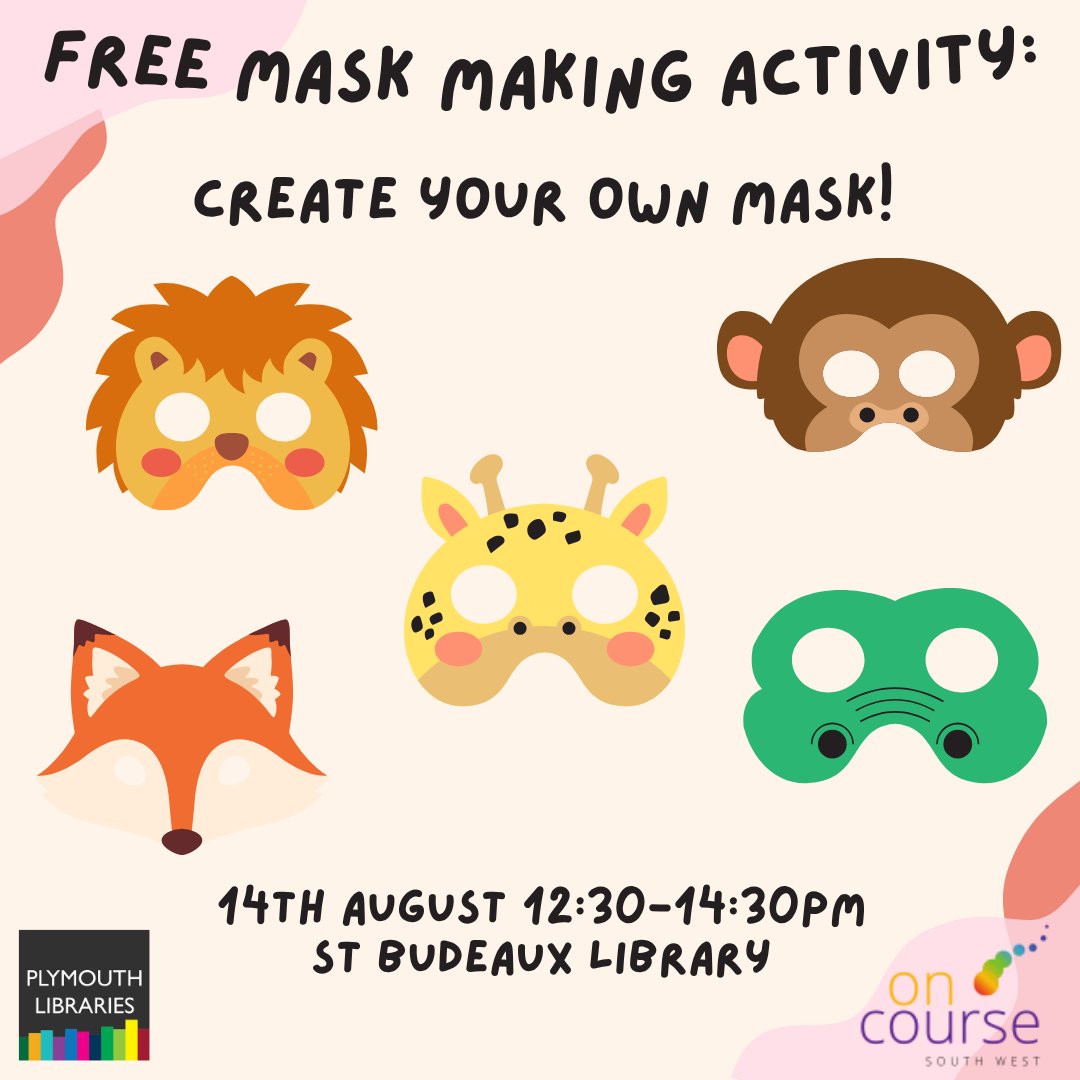 OnCourseSW's tweet photo. 📣 FREE Mask Making Activity!

We are running a Family Animal Mask Making activity, 12:30-14:30 at St Budeaux library on the 14th August.

Come along and get creative! 👉https://t.co/5Vj8fyKBiJ

#FamilyLearning #FreeLearning #CreativeActivity https://t.co/jJeqb43646