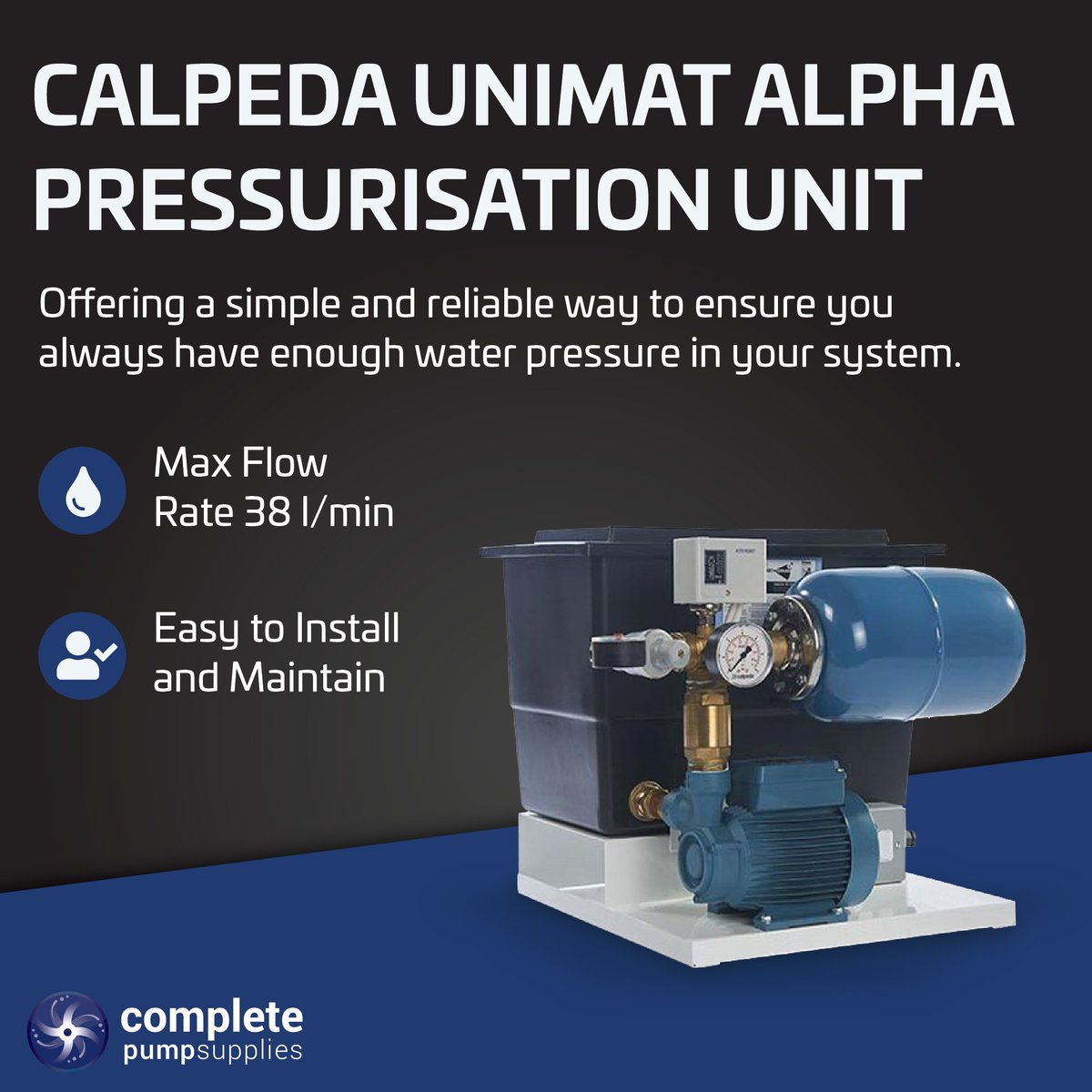 Ensure reliable water pressure with the Calpeda Unimat Alpha! ✅

The Calpeda Unimat Alpha is a Single Pump Pressurisation Unit, featuring a powerful bronze peripheral impeller pump able to deliver up to 38 l/min at a max pressure of 4 bar.

Shop today 👉 loom.ly/aNECy9I