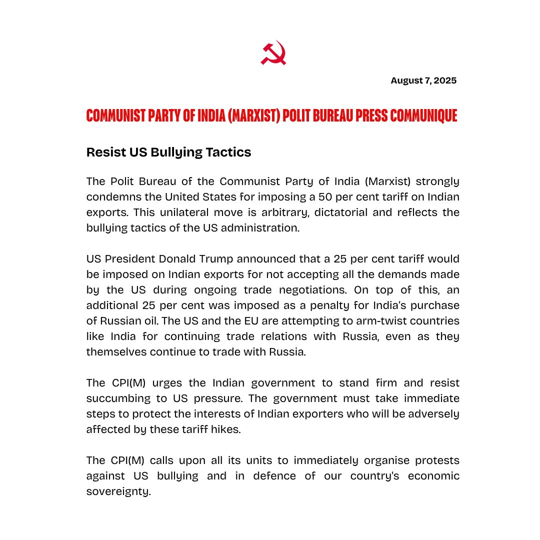 #CPIM Polit Bureau statement on resisting US bullying tactics

#TrumpTariffs #Tariffs