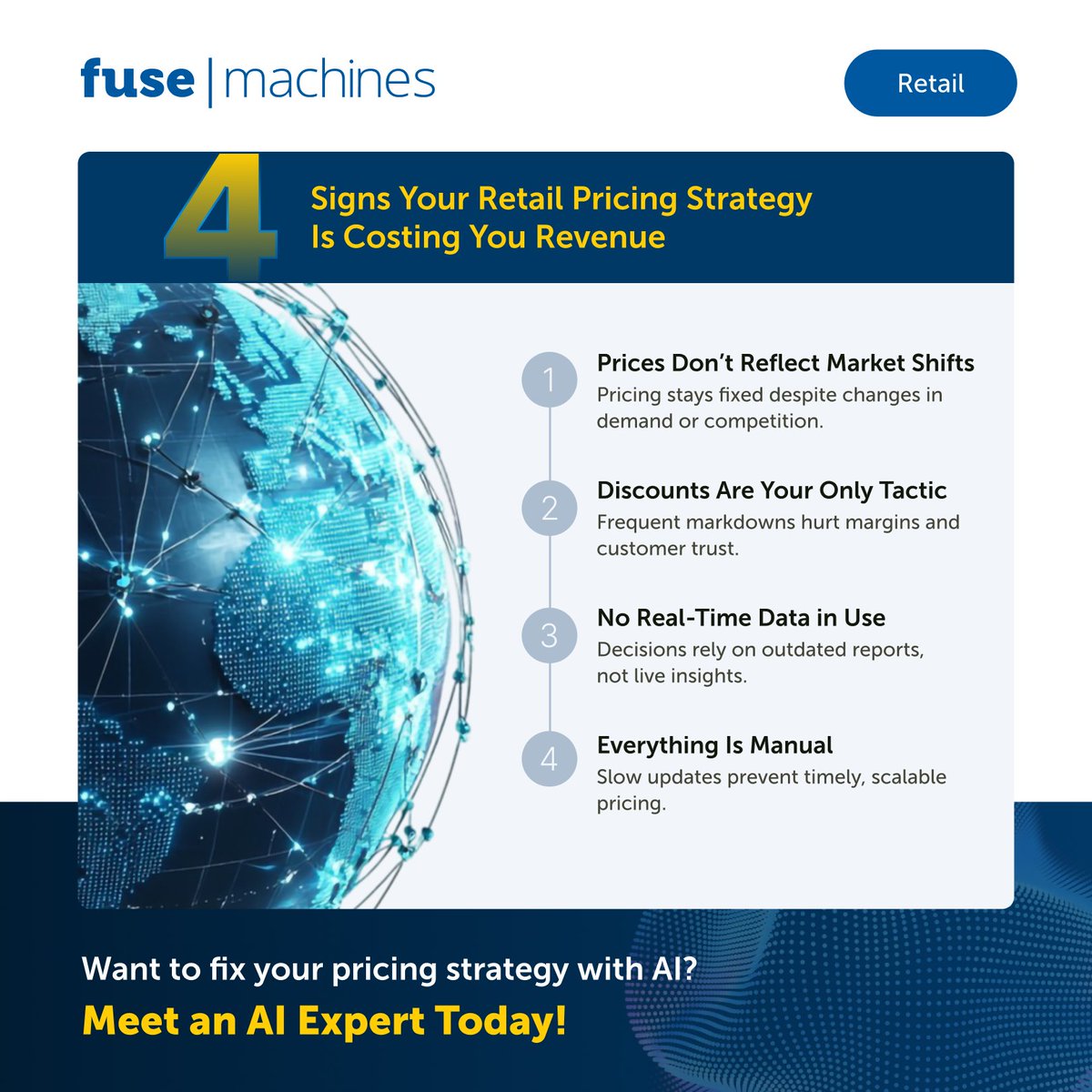 Stuck in discount cycles? Losing revenue to outdated pricing?

Retail pricing should move as fast as your customers. Discover 4 costly signs and how AI helps fix them.

Talk to an AI expert now to learn more bit.ly/4myEkZG

#RetailAI #AIinRetail #AIForBusiness