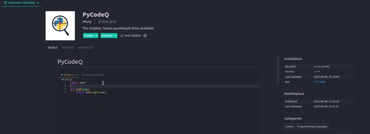 Abenet_'s tweet image. Tired of forgetting to run your linter? Want to keep your Python code clean and professional without even thinking about it?
#PyCodeQ is a super lightweight #VSCode extension that automatically checks your code for #pycodestyle, aka (PEP 8) violations every time you save.