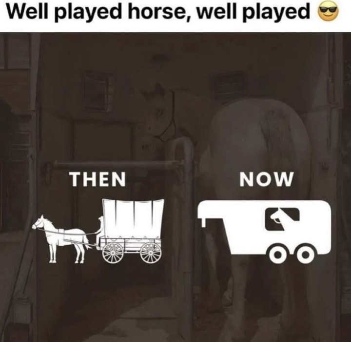 h8tr860's tweet photo. @yishan The horses are more in control than one realizes. Why should the horse ride a bicycle if they can be pulled around in a million dollar trailer filled with hay and water. https://t.co/9Ww9tKlUYj