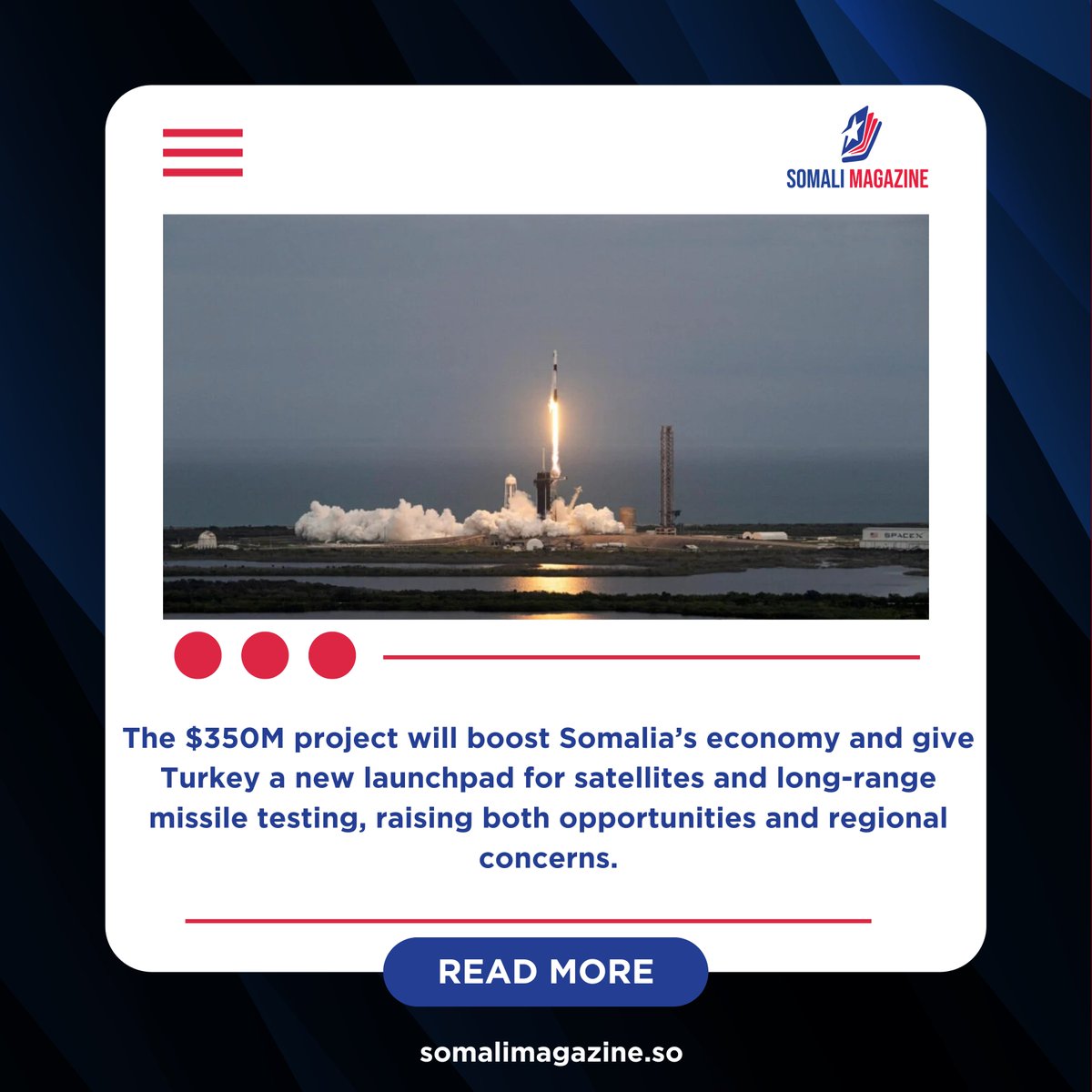 Sommagazine1's tweet image. Turkey to Build Africa’s First Spaceport on Somali Coast

#TurkeyInSomalia #AfricaSpaceport #SomaliaDevelopment #TurkishSpaceAgency #MissileTesting #HornOfAfrica #Geopolitics #SpaceLaunch #SomaliaNews #TurkeyDefense

somalimagazine.so/turkey-to-buil…