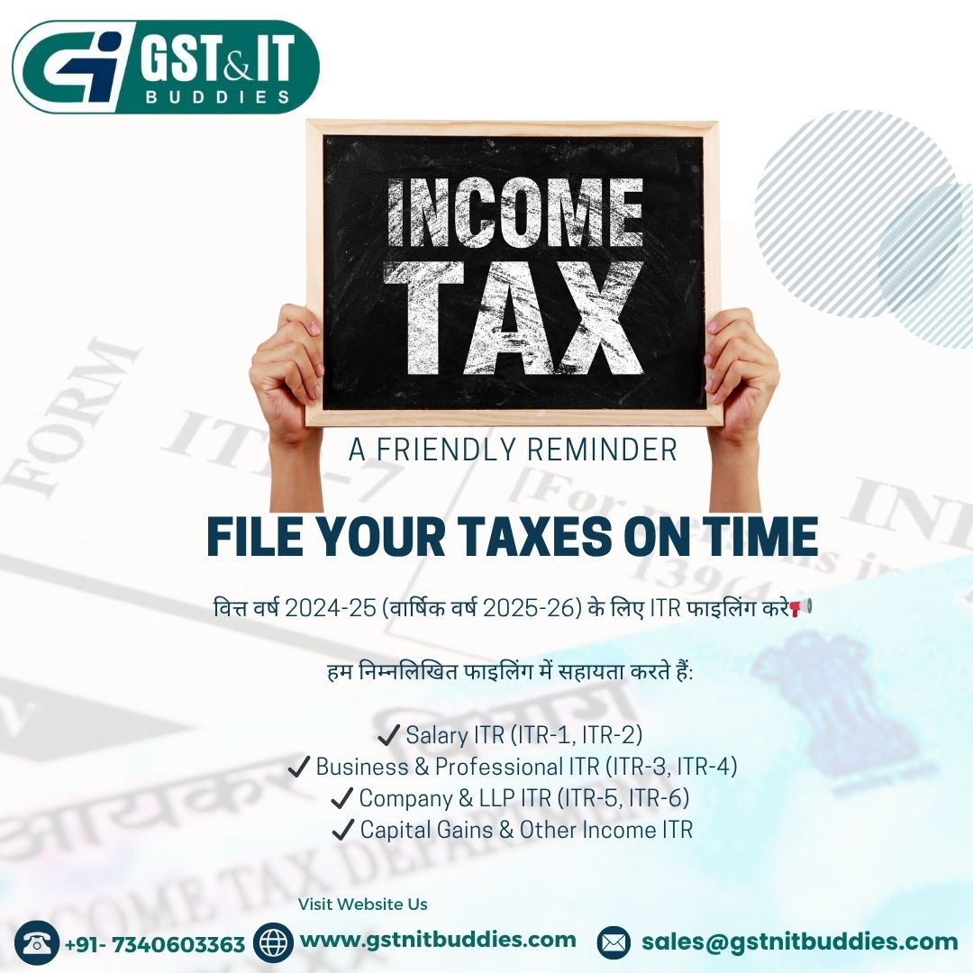 gst_itbuddies's tweet image. 📢 A Friendly Reminder!
💼 File Your ITR for FY 2024-25 (AY 2025-26) On Time!

✅ Salary Income (ITR-1, ITR-2)
✅ Business &amp;amp; Professional (ITR-3, ITR-4)
✅ Company &amp;amp; LLP (ITR-5, 6

📞 Call/WhatsApp: 7340603363

#ITRFiling2025 #FileITR #TaxSeasonIndia #IncomeTaxReturn #SalaryITR