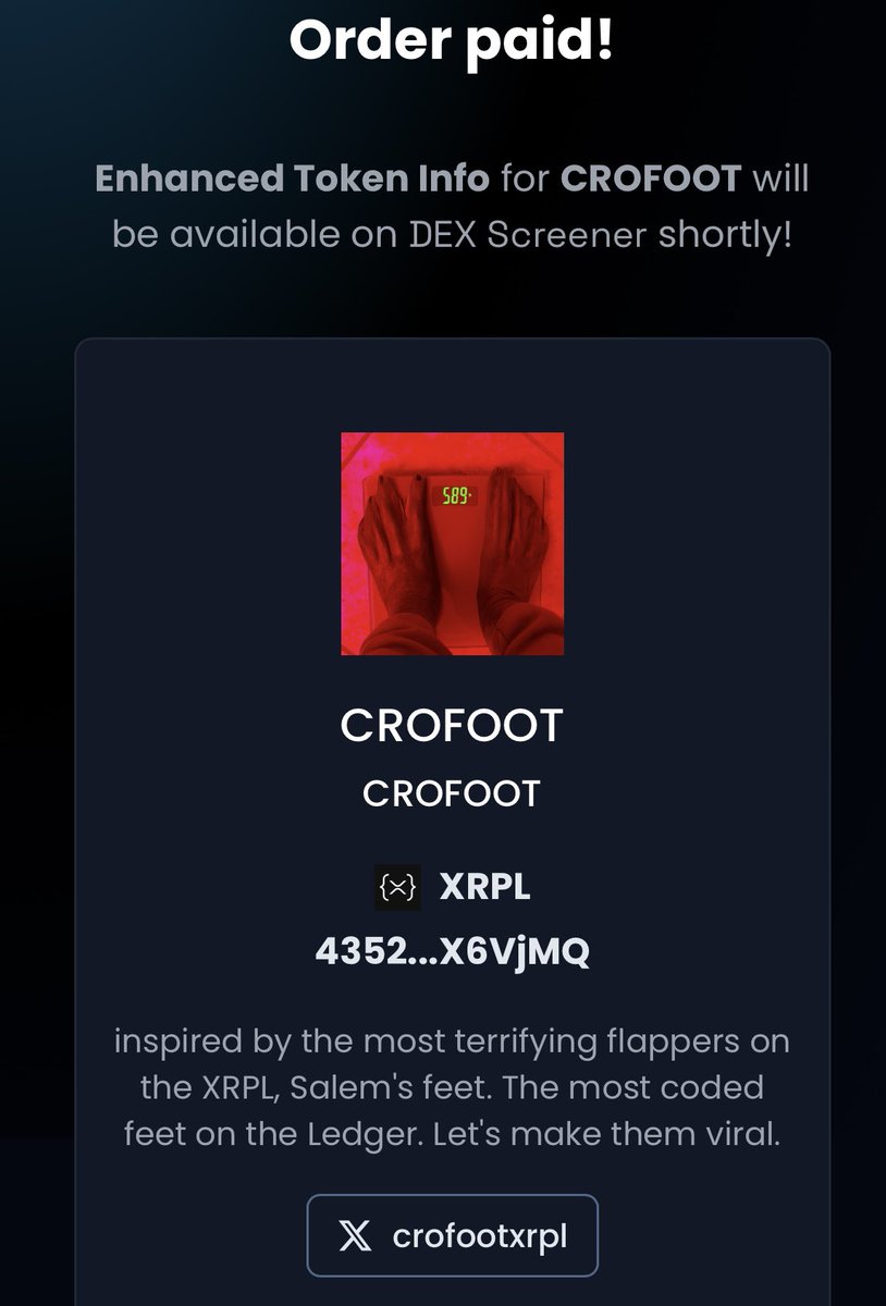 CrofootXRPL's tweet photo. Don’t forget Dex paid &amp; full 10% Dev Supply burned🔥🔥🔥

JOIN THE TG: https://t.co/4jaKyrvZzR

$CROFOOT https://t.co/f0SKLlr4Yf