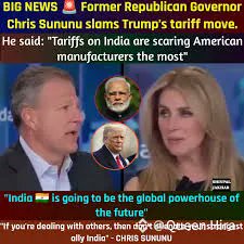MemeCoinMaste10's tweet photo. 🚨 BIG NEWS: Former Republican Governor Chris Sununu SLAMS Trump’s Tariffs 🔥

🗣️ "Tariffs on India are scaring American manufacturers the most"

🇮🇳 "India is going to be the global powerhouse of the future" https://t.co/jQufN5ODzs