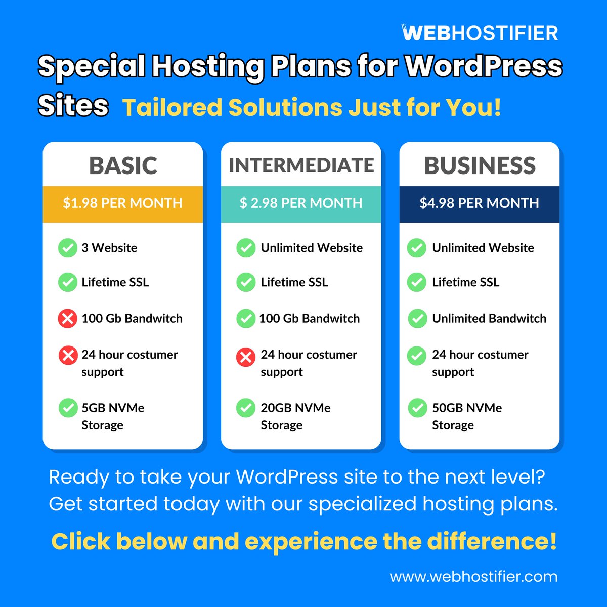 webhostifier's tweet image. Supercharge Your WordPress Site with our Tailored Hosting Plans! 

Whether you&apos;re blogging or running an online business, we offer blazing-fast speeds, lifetime SSL, and 24/7 support! 

👉 webhostifier.com

#WordPressHosting #WebHosting #ssl #FastHosting #WebDesign