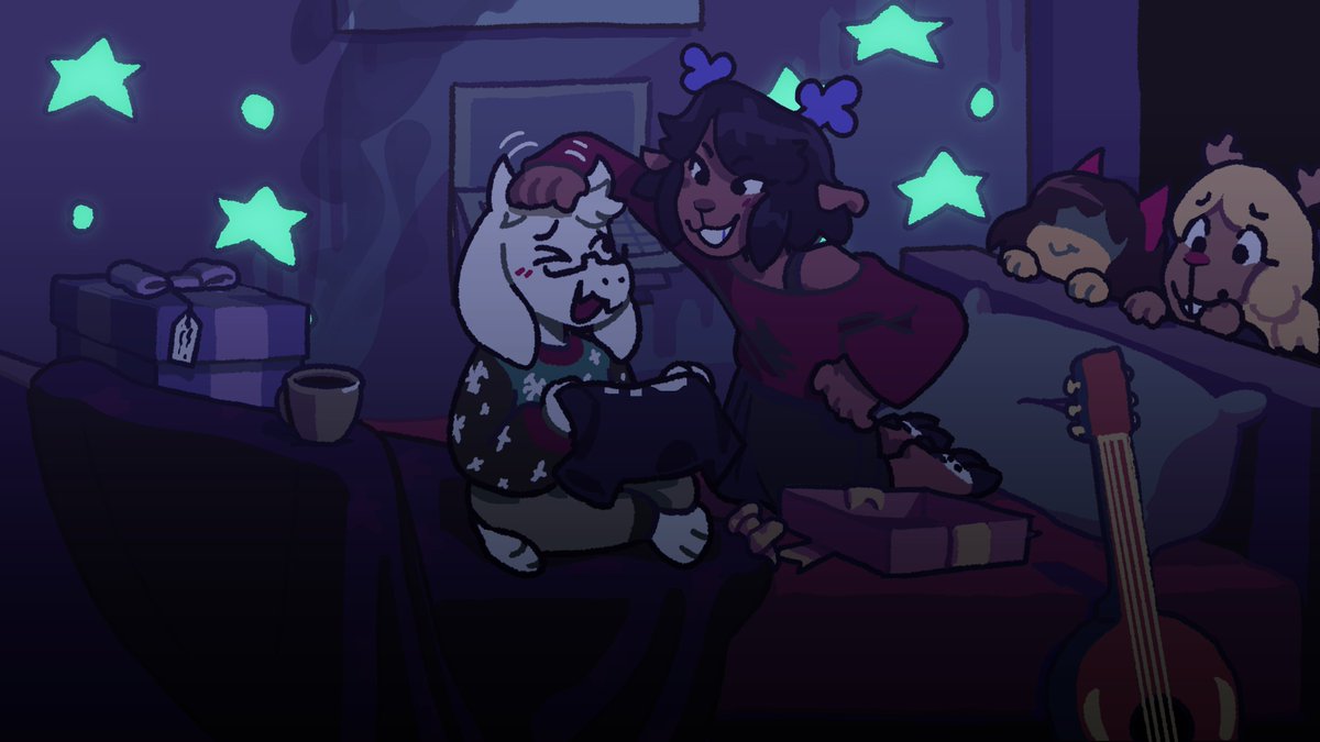 * Happy Holidays, you big ol' dork!
* Agh...!! If you keep ruffling like this, the hot chocolate's gonna spill, you know...

(They're exchanging Christmas gifts upstairs while all the adults party downstairs. Probably for the best, it's loud down there...)

#DELTARUNE #Dessriel