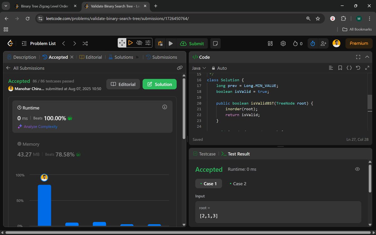 Manohar2909's tweet image. 🚀Day 68 of #100DaysOfCodingChallenge
103. Binary Tree Zigzag Level Order Traversal
98. Validate Binary Search Tree
#JavaDeveloper #DSA #BinarySearchTree
#TreeTraversal #InorderTraversal #SoftwareEngineer
#TechCareers #CodingChallenge #ProblemSolving
#LearnToCode