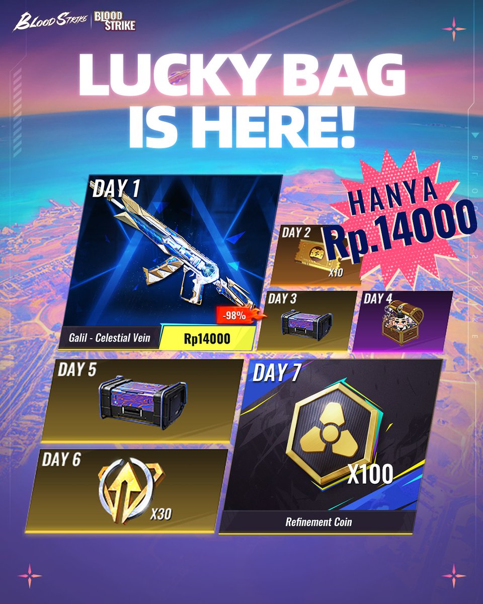 GerlanATopUp's tweet image. Lucky Bag Blood Strike hadir! Hanya Rp14.000 bisa dapat skin Galil - Celestial Vein dan banyak hadiah lain. Gas, top up sekarang di Gerlan Agusta sebelum eventnya habis!
#BloodStrike #BloodStrikeID #LuckyBag #TopUpMurah #GerlanAgusta