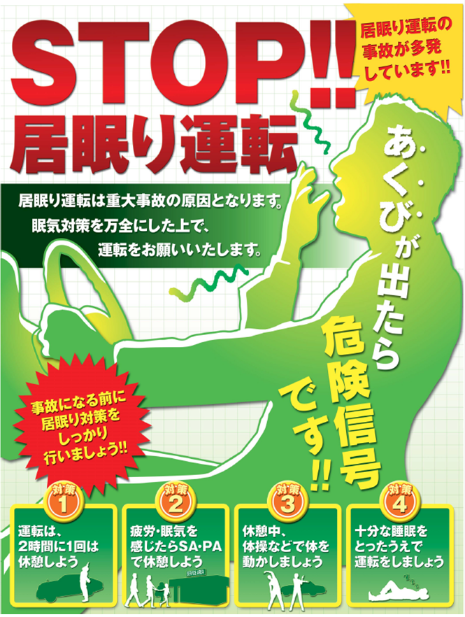 【居眠り運転に注意！】
居眠り運転は重大事故の原因となります。
長距離ドライブでは疲労・眠気による居眠り運転の危険性が高くなりますので2時間に1回は休憩をとり、体を動かして気分をリフレッシュするようにしましょう！！
driveplaza.com/safetydrive/ba…