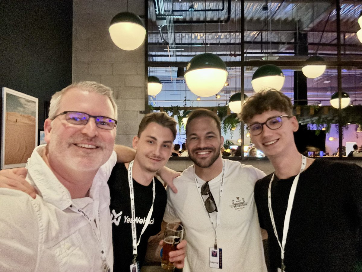 Ryan Barnett (@ryancbarnett) on Twitter photo Thanks to <a href="/Hacker0x01/">HackerOne</a> for the Vulnerability Vibes Event! I was awesome to finally meet many bug hunters in person.
<a href="/rez0__/">Joseph Thacker</a> <a href="/0xacb/">André Baptista</a> <a href="/monkehack/">Ciarán Cotter</a> <a href="/bsysop/">bsysop</a> <a href="/sw33tLie/">sw33tLie</a> <a href="/Brumens2/">Brumens</a>
<a href="/BadAt_Computers/">Roll4Combat</a> we didn’t get a pick! Thanks to <a href="/Hacker0x01/">HackerOne</a> for the Vulnerability Vibes Event! I was awesome to finally meet many bug hunters in person.
<a href="/rez0__/">Joseph Thacker</a> <a href="/0xacb/">André Baptista</a> <a href="/monkehack/">Ciarán Cotter</a> <a href="/bsysop/">bsysop</a> <a href="/sw33tLie/">sw33tLie</a> <a href="/Brumens2/">Brumens</a>
<a href="/BadAt_Computers/">Roll4Combat</a> we didn’t get a pick!