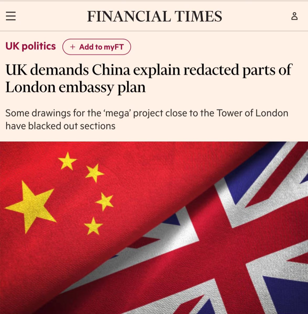🇬🇧 Deputy prime minister Angela Rayner has demanded additional information from China over its plans for a new “mega” 🇨🇳 embassy in London after several of the drawings contained areas that were blacked out.

A letter sent by Rayner’s housing department to the 🇨🇳 embassy said it