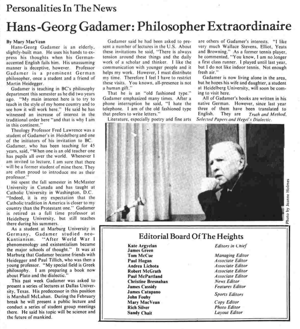 HannesKerber's tweet image. Hans-Georg Gadamer on teaching at @BostonCollege:

"My main interest here is to try to teach in the style of my home country and to see how it will work here."  

(The Heights, Volume LVI, Number 16, 26 January 1976)