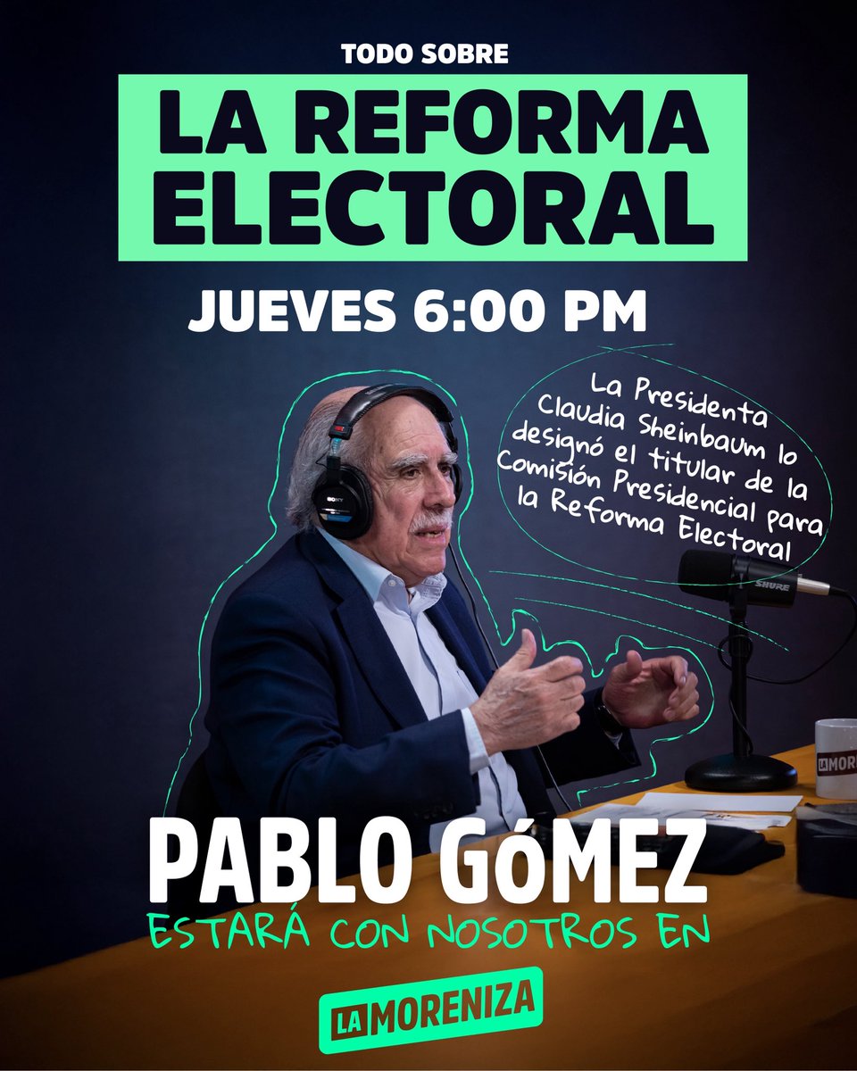 ¡Paren todo! <a href="/PabloGomez1968/">Pablo Gómez</a> estará en La Moreniza 🤩

Nuestro gran compañero del Movimiento, referente de la izquierda y luchador histórico por la democracia del país, viene al set del Podcast de la Transformación a contarnos todo sobre la Reforma Electoral. 

Acompáñanos, junto