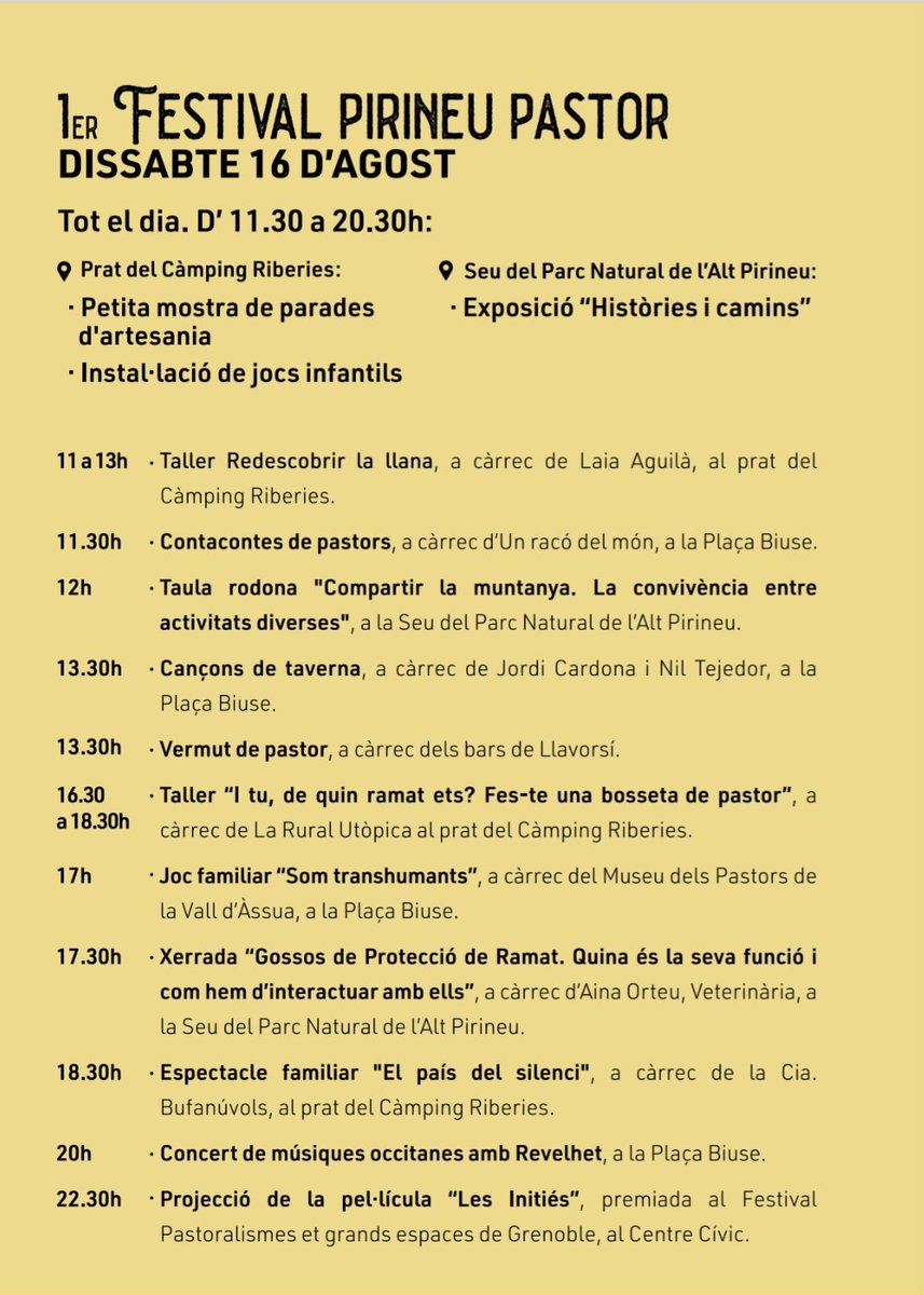 🐑 Vine a Llavorsí el 16 i 17 d’agost!
Hi celebrem el 1r #FestivalPirineuPastor i el 37è Concurs de Gossos d’Atura 🐕
Tallers, mercat artesà, música, cinema i molt més per descobrir l’ofici de pastor/a i el seu valor pel territori!
#PNAltPirineu #Pastoralisme