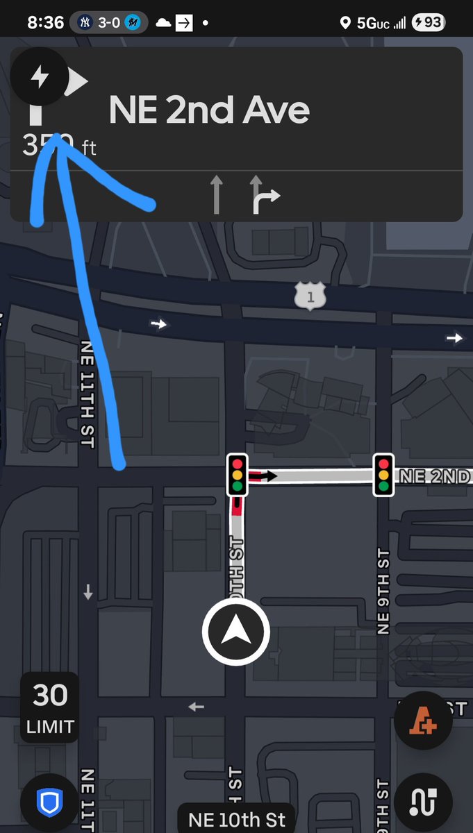 miamidelivers's tweet photo. Has anyone noticed at @Uber @Uber_Support that the lightning bolt button is now covering the driving instructions in the GPS screen? It has been happening after the last update. Can't it be moved somewhere else where it doesn't cover any other info? https://t.co/ZiA0p1y52m
