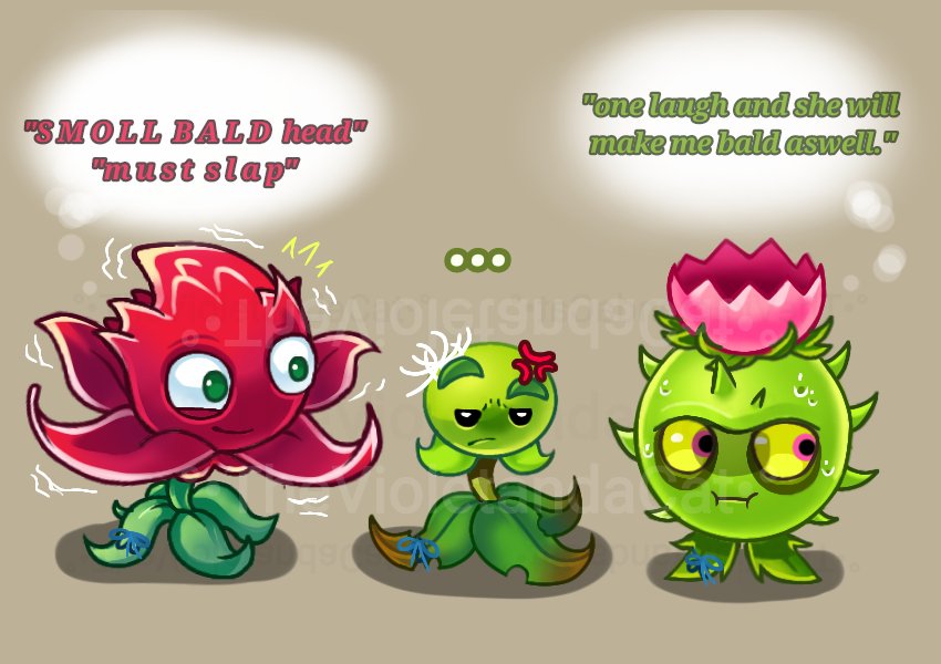 TheVioletandCat's tweet image. 1 bald lady
2 gentlemen
Black lineart vs colored
Did some experimenting with the lineart and some of the details.
#pvzart #PvZ2 #art #pvz2art #joke #funny 
And yes I know it would&apos;ve made more sense for thistle to be angry than dandelion but I want to give thistle more character.