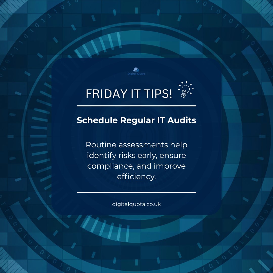DigitalQuota's tweet image. Friday IT Tips!
Schedule Regular IT Audits
Routine assessments help identify risks early, ensure compliance, and improve efficiency.

#Digitalquota #ITServices #ITconsultingservice #techsolutions #informationtechnology #techsupport #technologyconsulting #FridayITTips