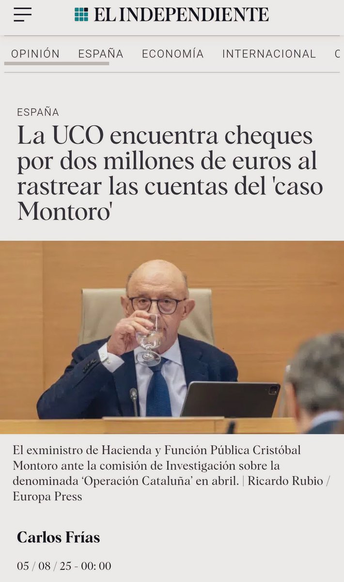 La UCO encuentra cheques por casi 2 millones € al rastrear las cuentas del caso Montoro

Montoro y demás implicados no están en la cárcel como lo está Cerdán, a quien no han encontrado ni un €, aún

¿Por qué el fiscal Anticorrupción no actúa igual con estos presuntos corruptos?