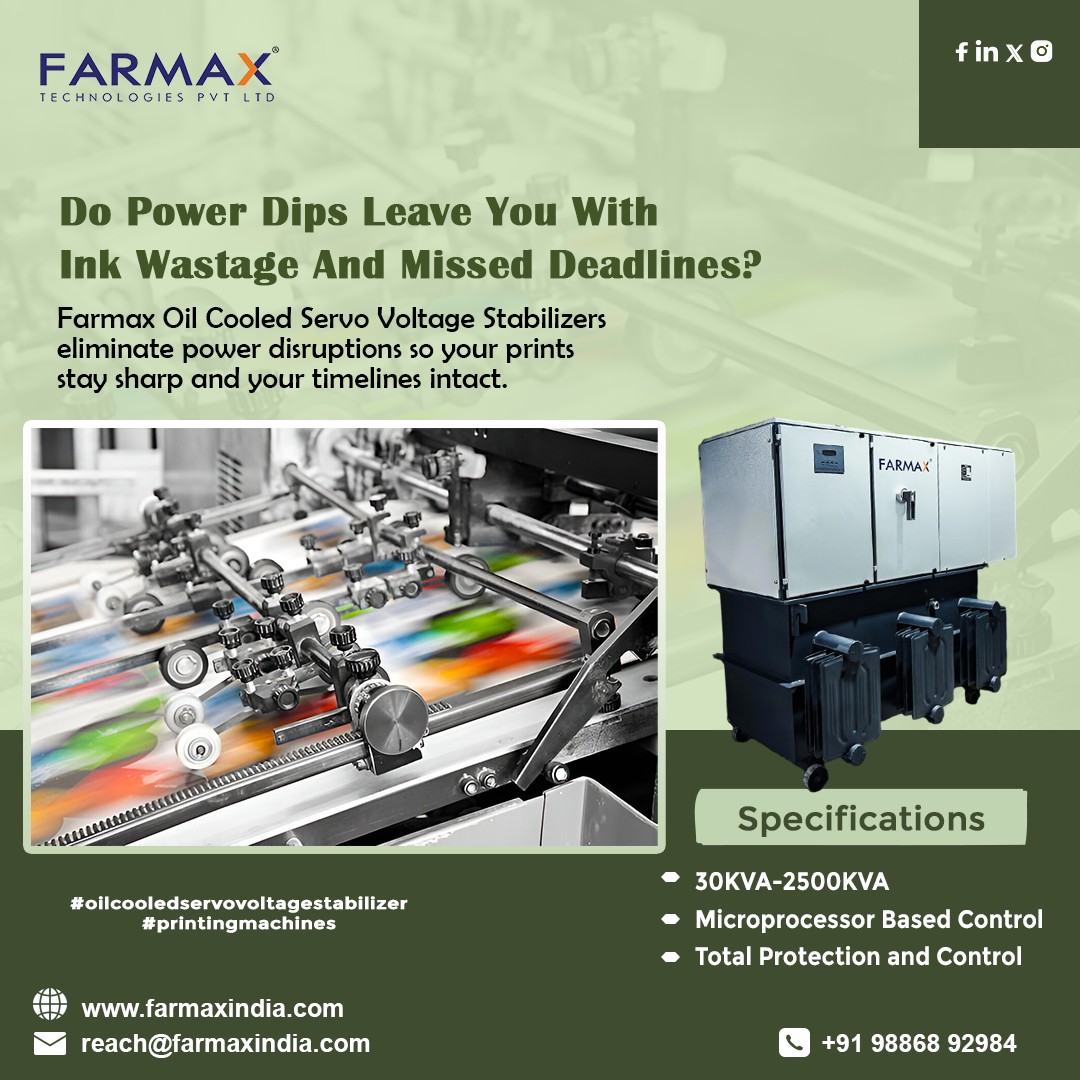 FarmaxT's tweet image. Do power dips leave you with ink wastage and missed deadlines? Farmax Oil Cooled Servo Voltage Stabilizers eliminate power disruptions—so your prints stay sharp and your timelines intact.
📞 Call or WhatsApp: 98868 92984
🌐 Learn more: farmaxindia.com
#PowerStability