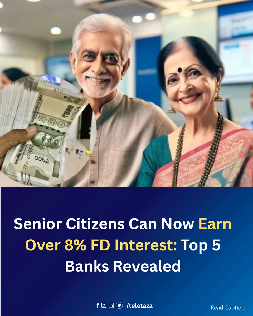 Teletaza's tweet image. 💰 Good news for senior citizens!
These 5 banks are offering 8%+ interest on fixed deposits in 2025.
Top rate? A whopping 9.10% from Unity SFB.
🔍 Check which bank suits your savings best.
#RetirementPlanning #FDInterest #SeniorCitizenFD #InvestmentTips #BankingNews #Teletaza