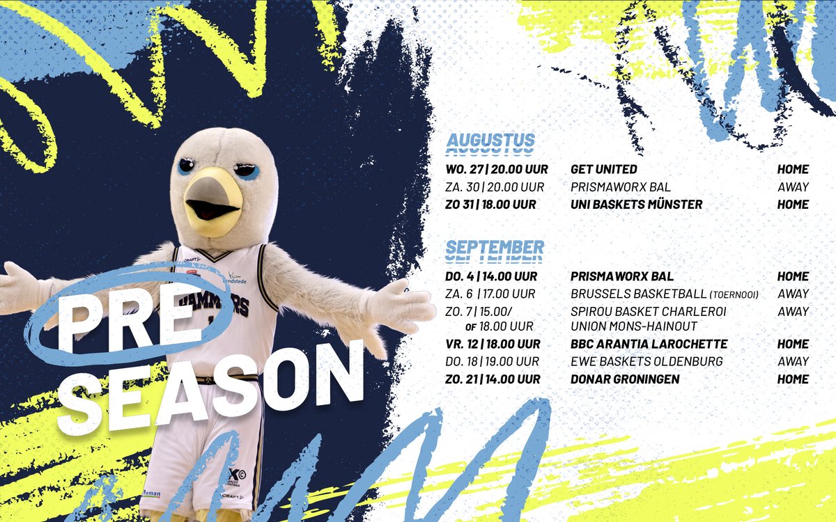 𝗣𝗥𝗘𝗦𝗘𝗔𝗦𝗢𝗡 𝗗𝗔𝗧𝗘𝗦 &amp; 𝗧𝗜𝗠𝗘𝗦
De data waren al duidelijk, nu zijn ook de tijden bekend!

Het eerste moment om de nieuwe selectie in actie te zien is 27 augustus om 20.00 uur in het Landstede Sportcentrum.

Het is gratis entree en er is geen kaartje nodig.