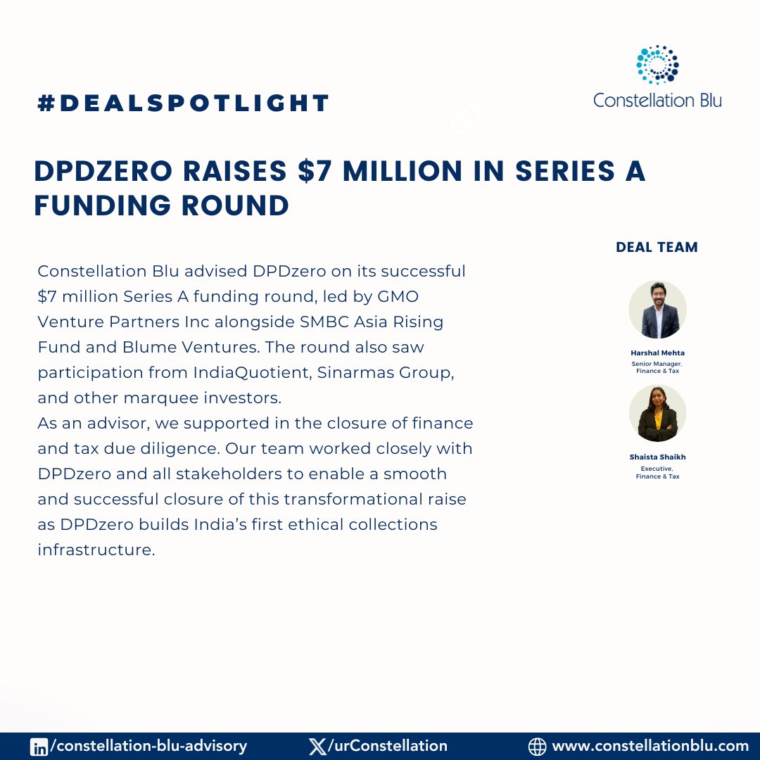 AritraPartners's tweet photo. #DealSpotlight!
We supported DPD Zero in the closure of finance and tax due diligence and worked closely with all parties to ensure a seamless and successful closure.
Congrats DPDzero on reinventing ethical collections in India! 

#StartupNews #Funding #Business #India https://t.co/1OT2298v6q