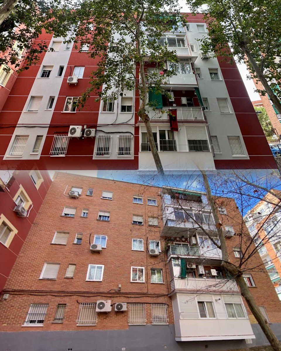 OgrMadrid's tweet photo. Así cambia un edificio con una #rehabilitaciónenergética aplicando #sistemadeaislamientotermicoexterior . Desliza para ver el #antesydespúes https://t.co/IAZI0jVBVA