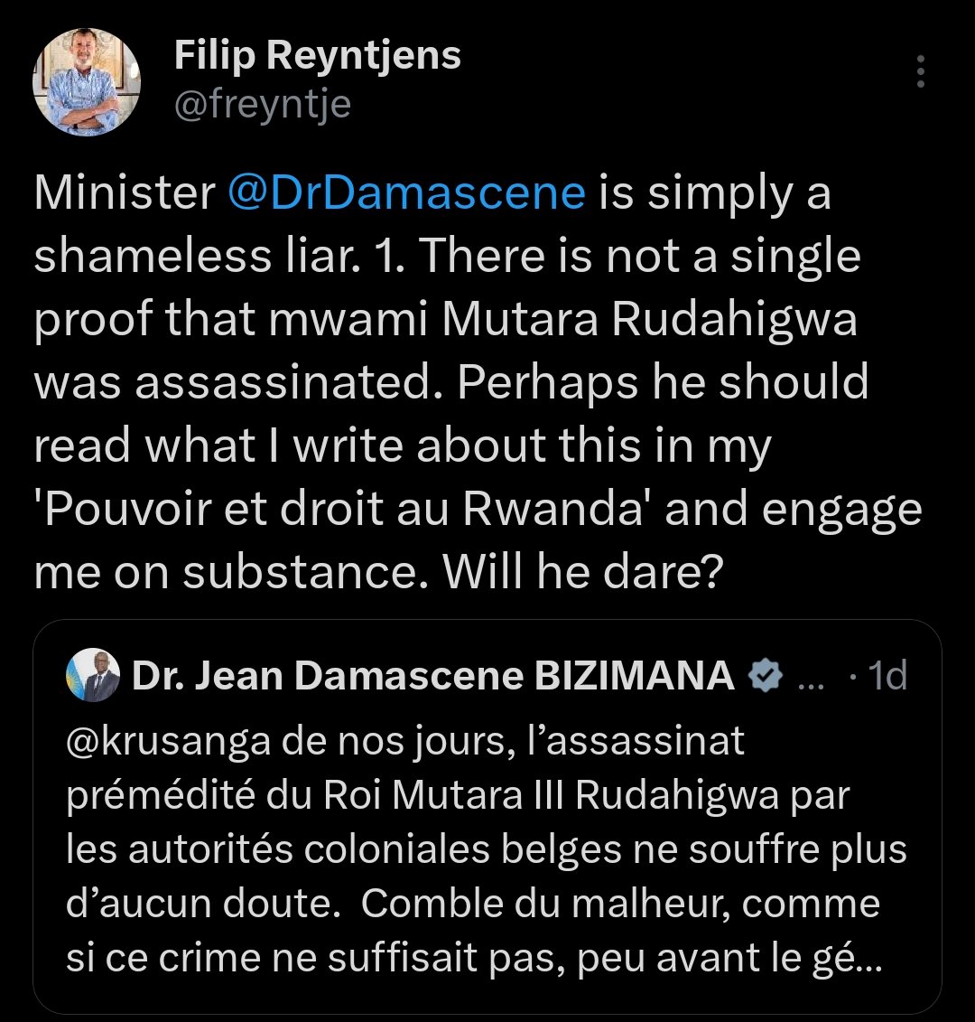 Mmmh, <a href="/freyntje/">Filip Reyntjens</a> you are just a spreader of lies, trying to fool people around. A so-called professor, who shamelessly talks from hatred and stomach. A disaster to education and a manipulator of information to achieve his mission. <a href="/DrDamascene/">Dr. Jean Damascene BIZIMANA</a> <a href="/gmukabalisa/">Germaine Mukabalisa</a> <a href="/Suwimbabazi_M/">Sandrine Uwimbabazi Maziyateke</a>