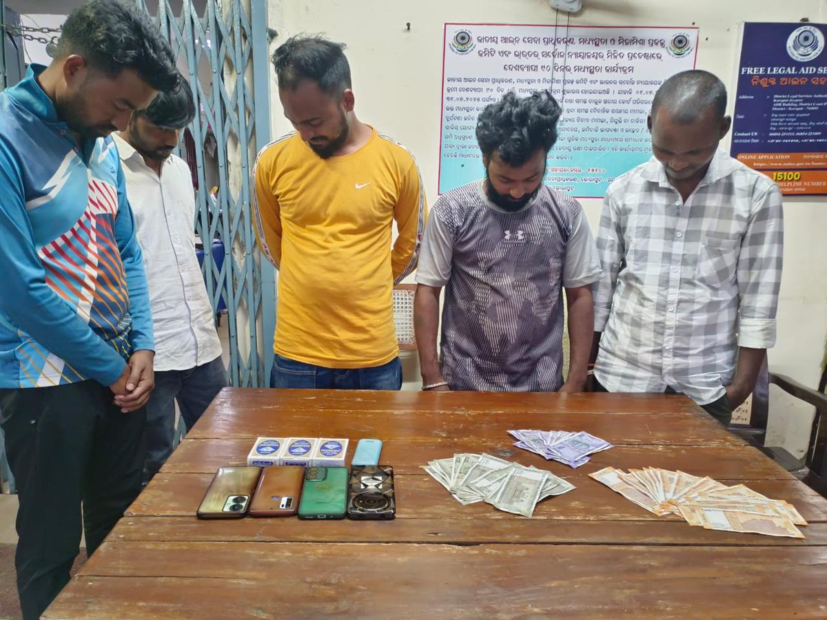 Jeypore Town PS conducted Gambling raid at Dasarathi Sahi, Jeypore and apprehended 05 persons seized 104 nos. of playing cards, one Mate, Cash of rupees Rs 10150/- from the spot.
