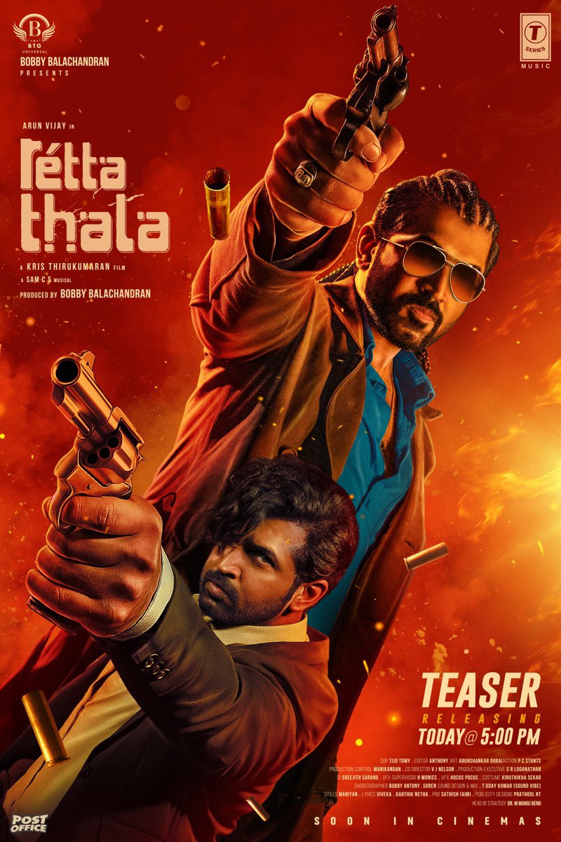 🎬 #RettaThala – Teaser drops today at 5PM!

Super happy to have worked on the teaser &amp; trailer cut for this one.

Thanks to the entire team for the trust and opportunity 💫

Adrenaline meets Action 🔥

Produced By- <a href="/bbobby/">bbobby</a> <a href="/BTGUniversal/">BTG Universal</a>

Directed By- <a href="/KrisThiru1/">Kris Thirukumaran</a>